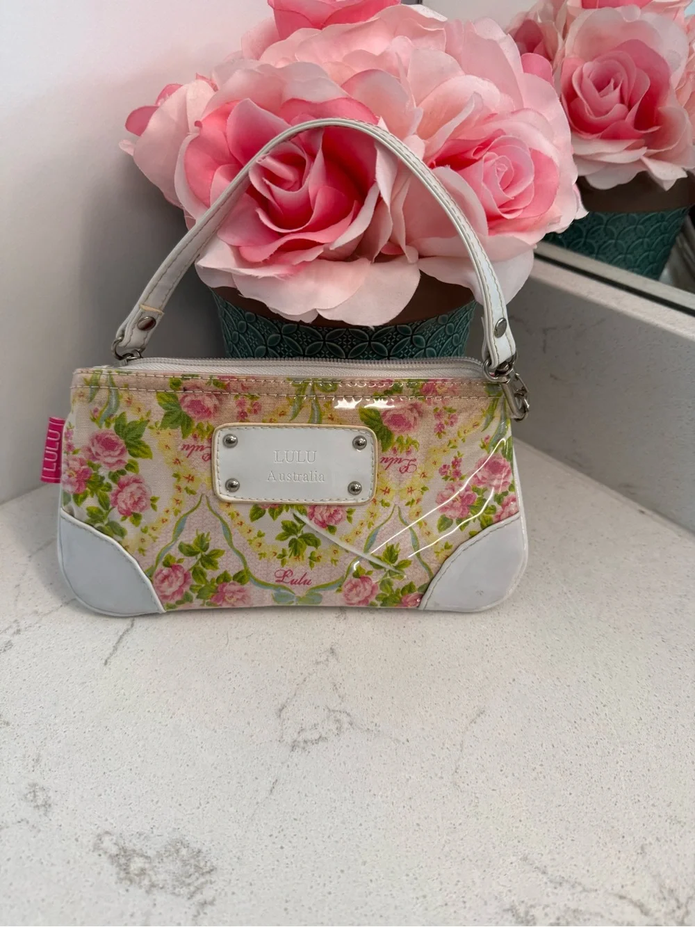Pink Floral Wristlet Clutch with White Trim